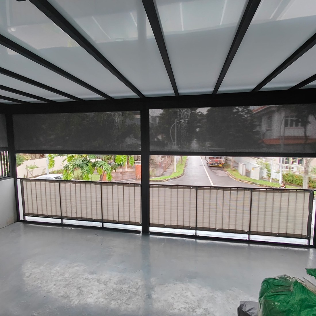 Zip blinds and roofing over a balcony